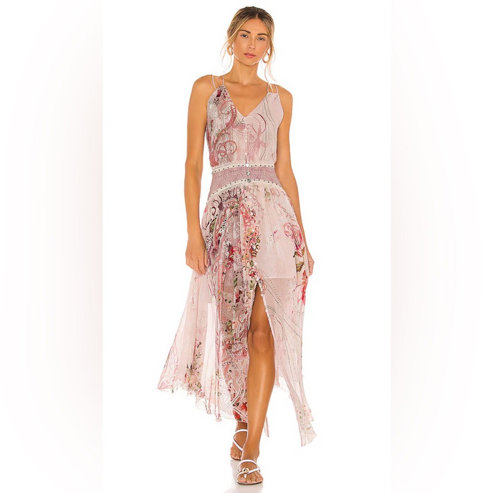 Camilla “Istenanya” pink floral silk strap flowy dress w shirred waistband L/XL?